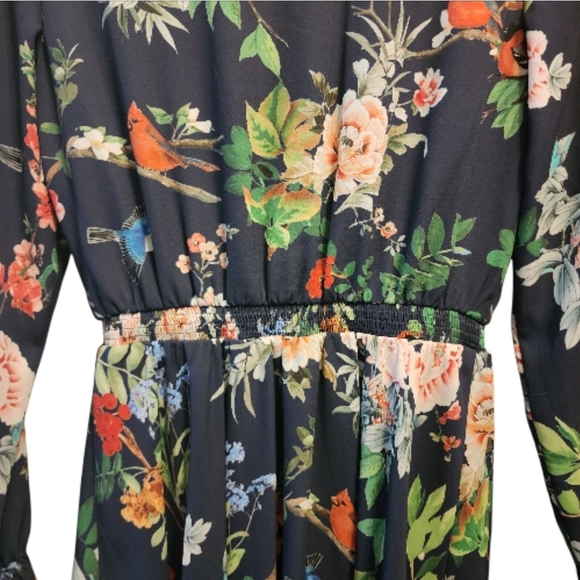 Express Long Sleeve V Neck Dress Blue Floral Birds Tropical Mini Length Small - Picture 8 of 11